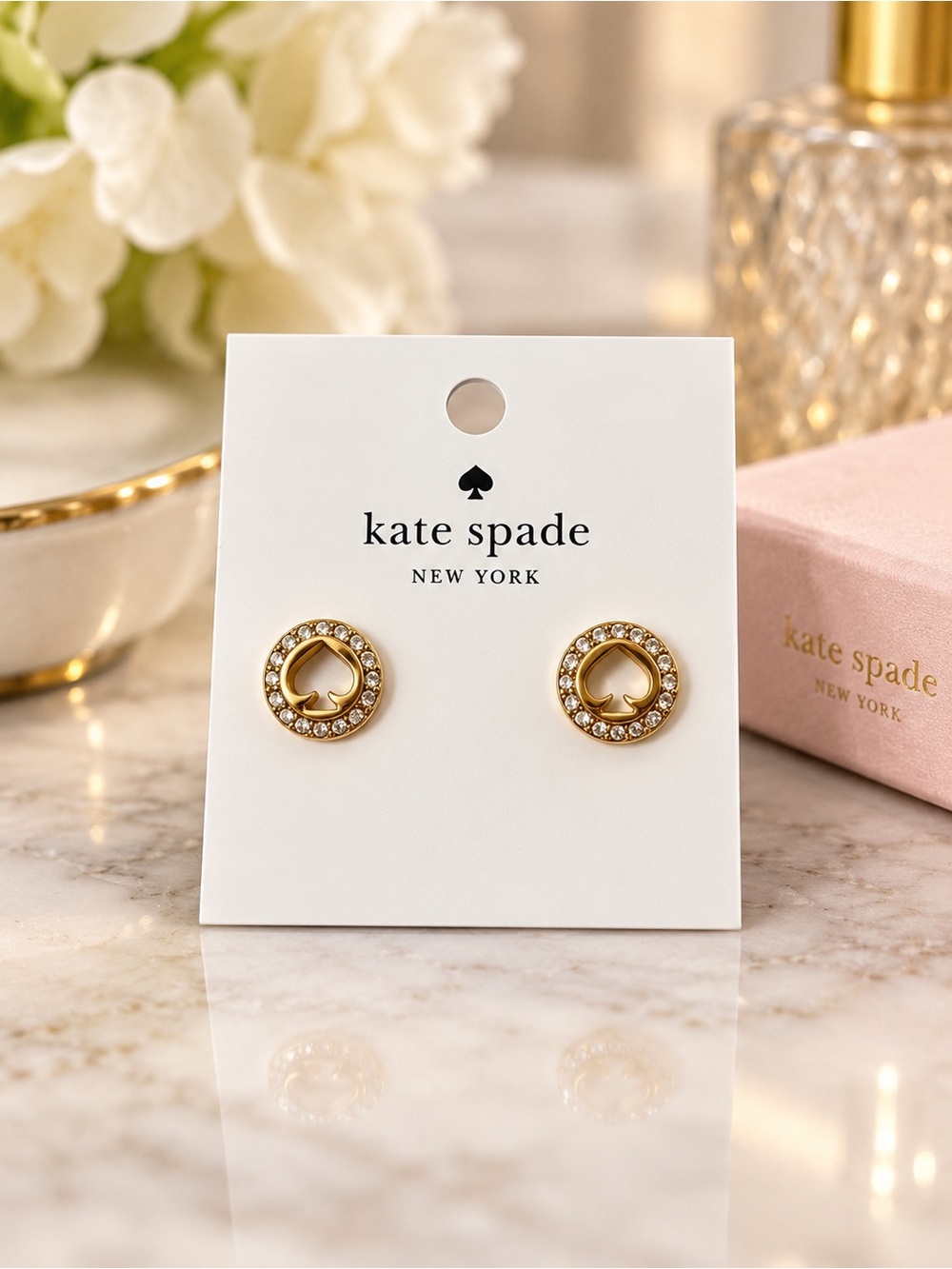 Kate Spade New York Pave Halo Spade Stud Earrings Gold Clear NWT
